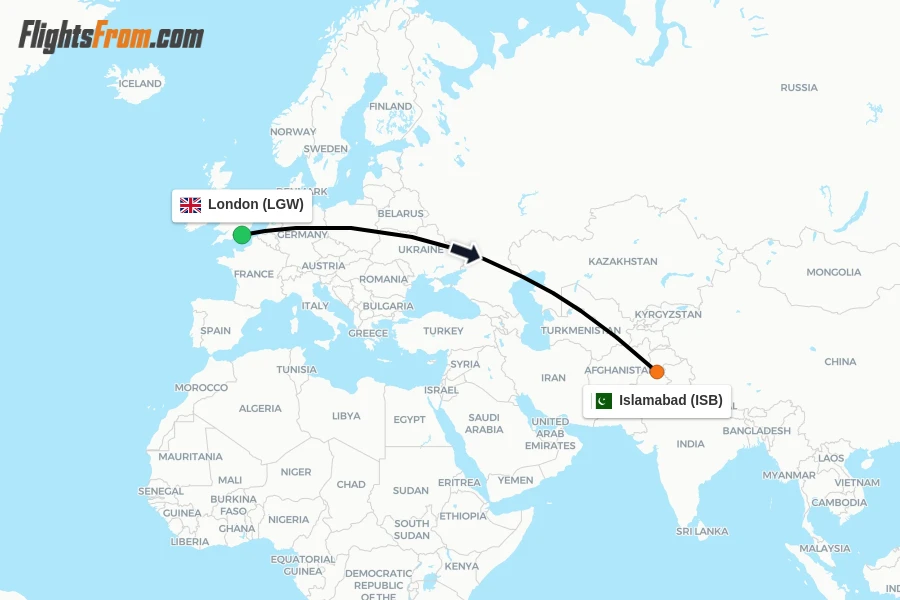 Flights from London to Islamabad route map