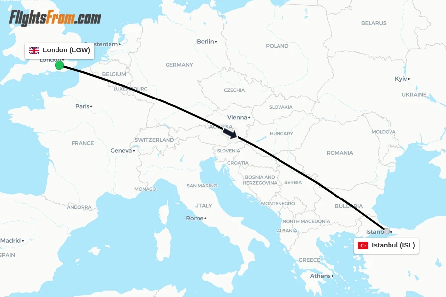 Flights from London to Istanbul route map