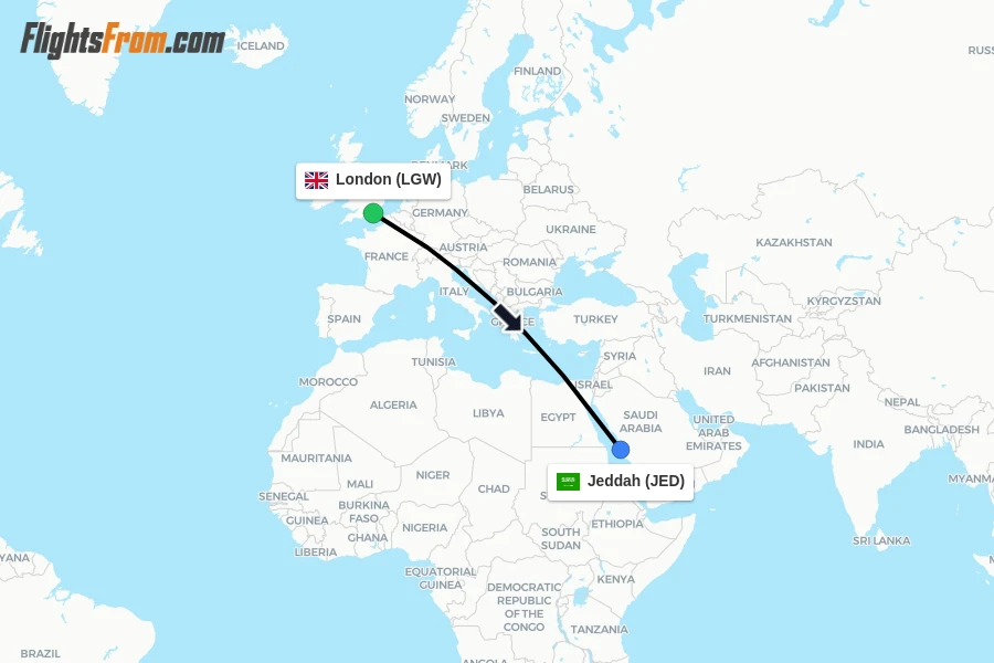 Flights from London to Jeddah route map