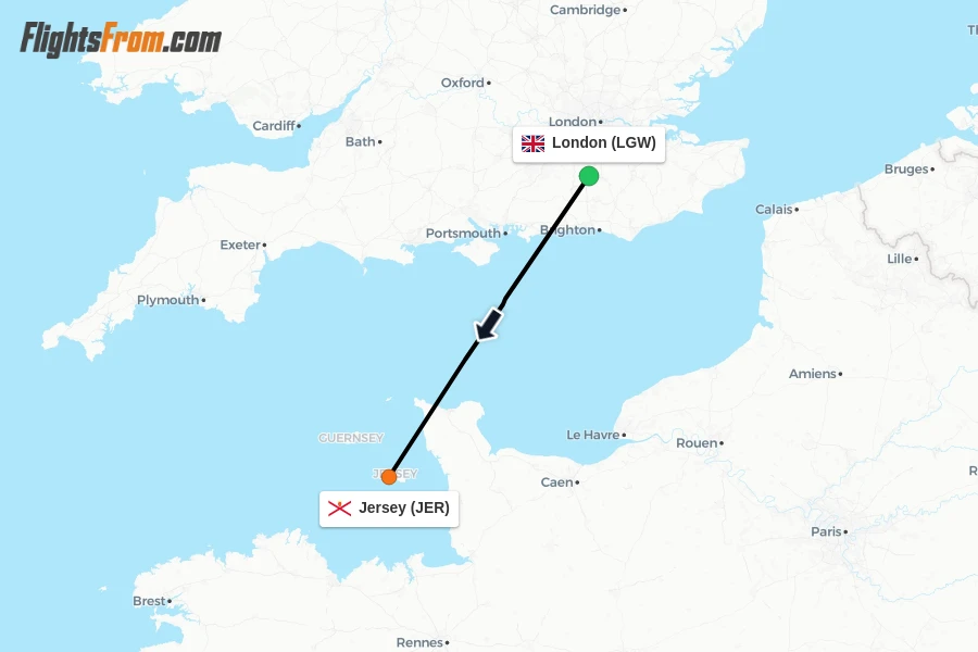 Flights from London to Jersey route map