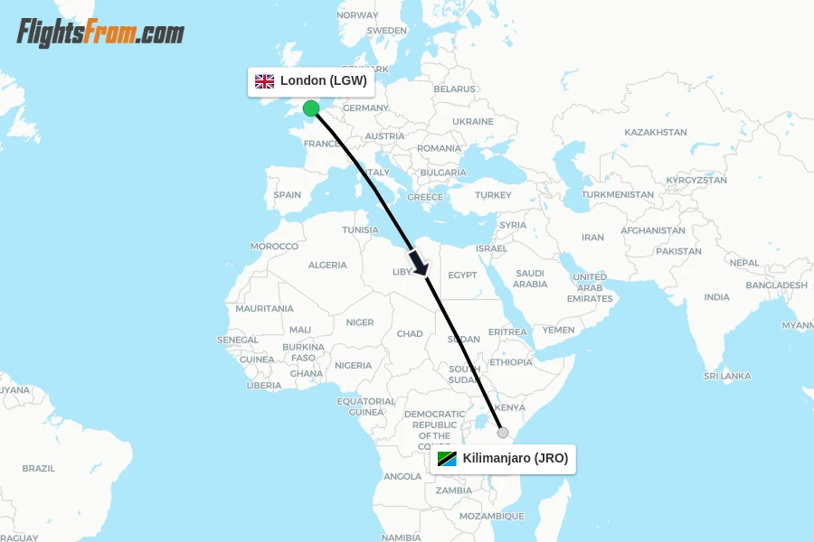 Flights from London to Kilimanjaro route map