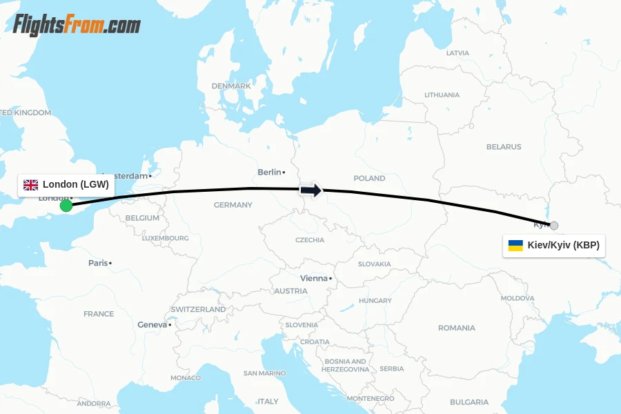 Flights from London to Kiev/Kyiv route map