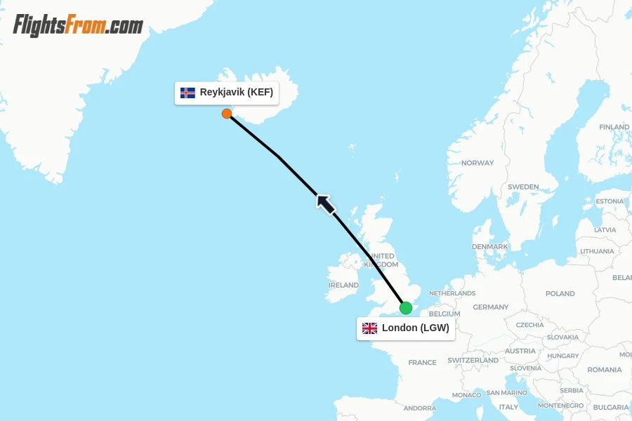 Flights from London to Reykjavik route map