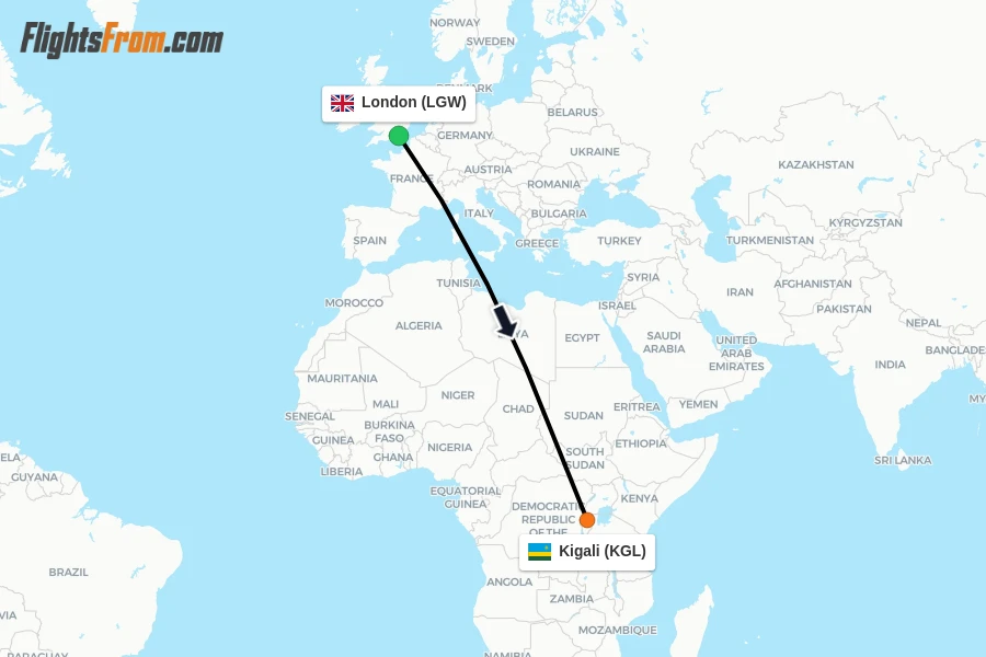 Flights from London to Kigali route map