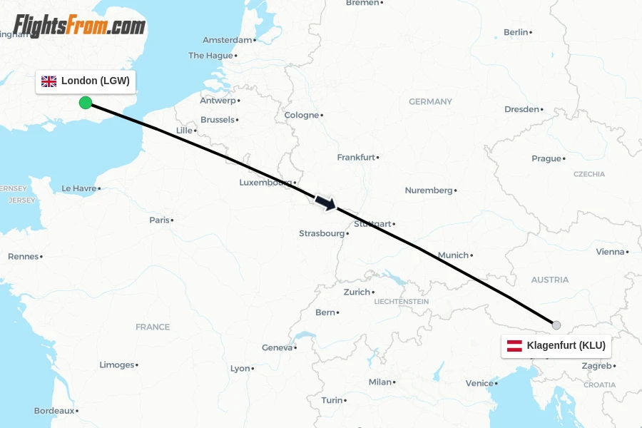 Flights from London to Klagenfurt route map