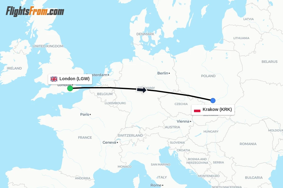 Flights from London to Krakow route map