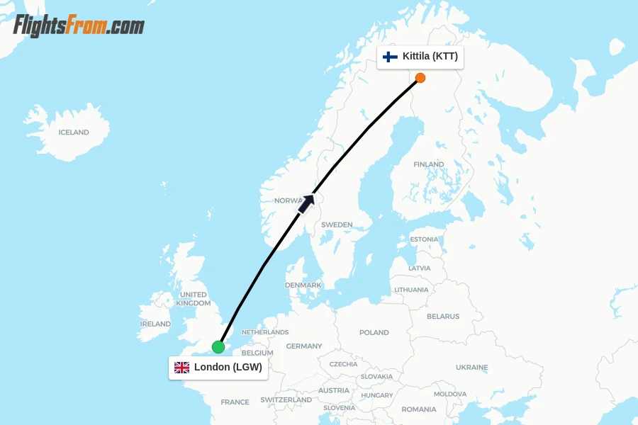 Flights from London to Kittila route map