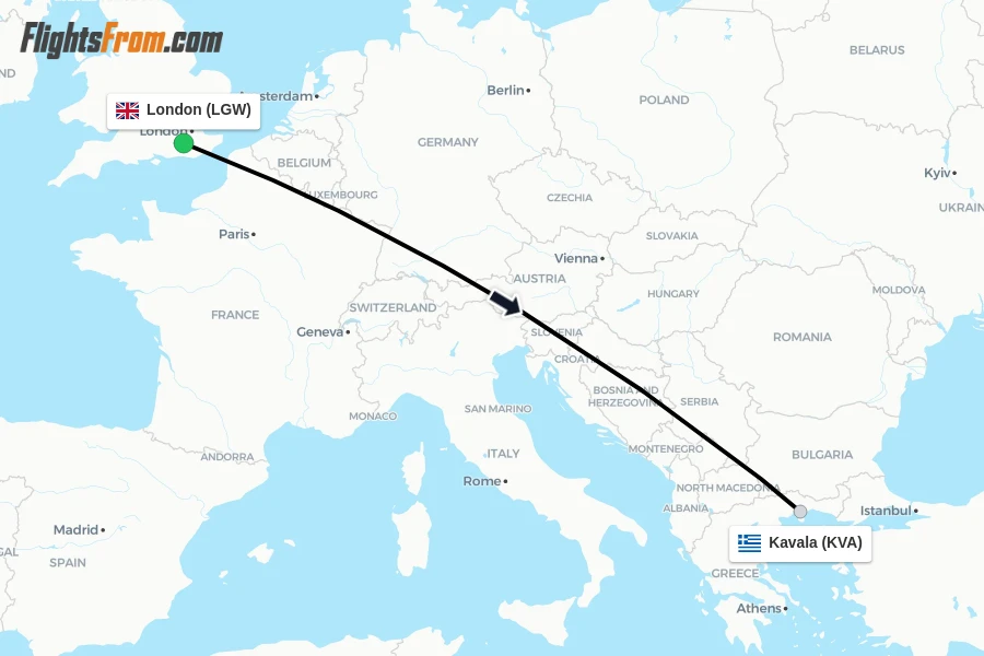Flights from London to Kavala route map