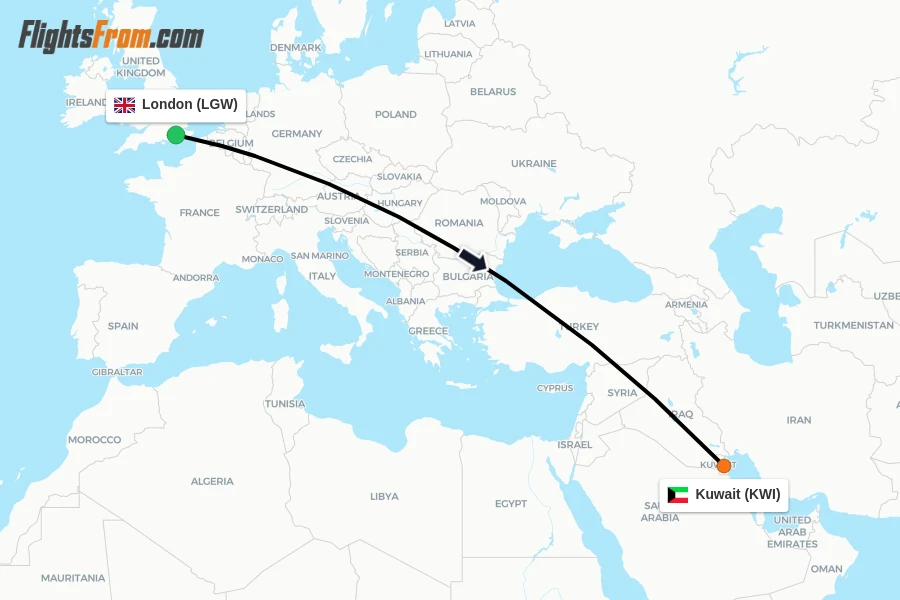 Flights from London to Kuwait route map