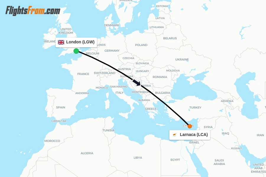 Flights from London to Larnaca route map