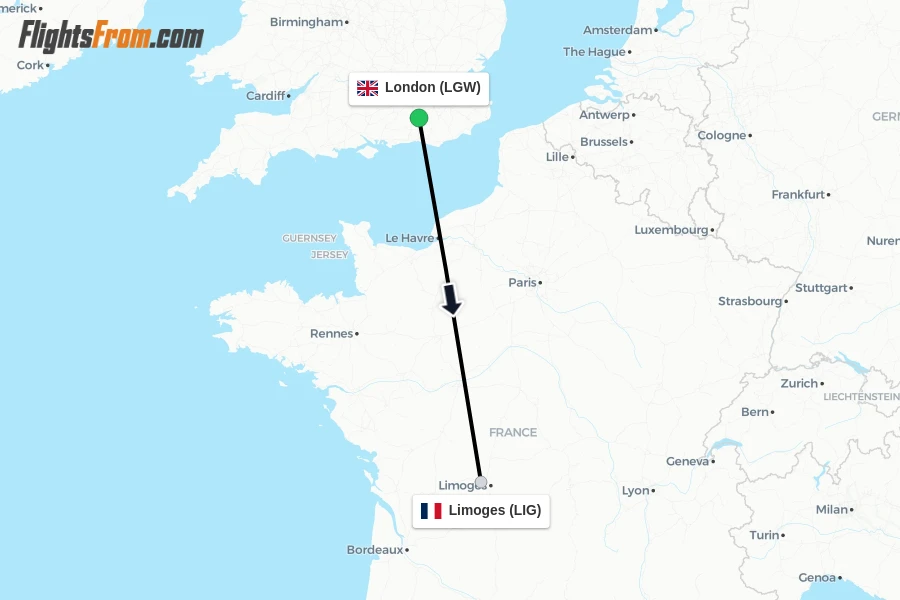 Flights from London to Limoges route map