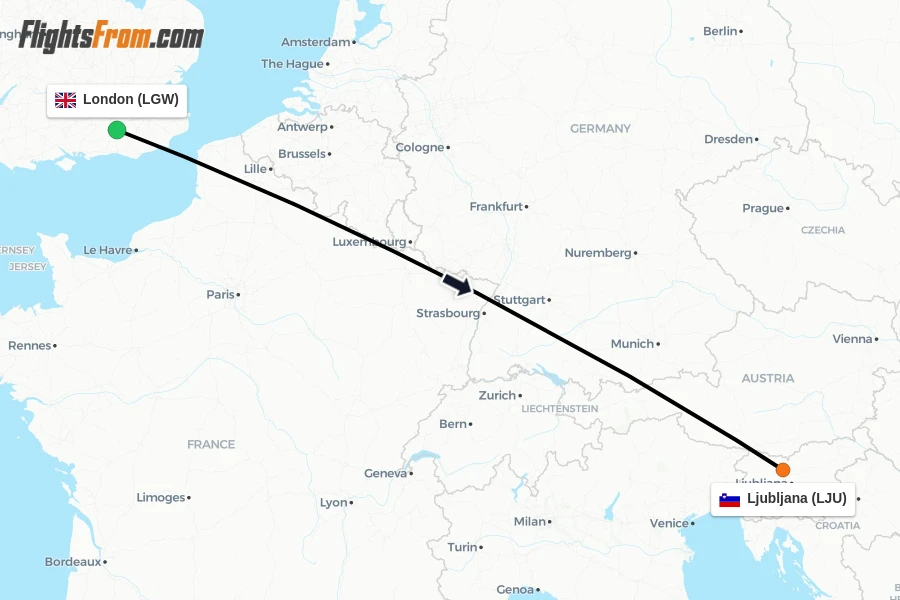 Flights from London to Ljubljana route map