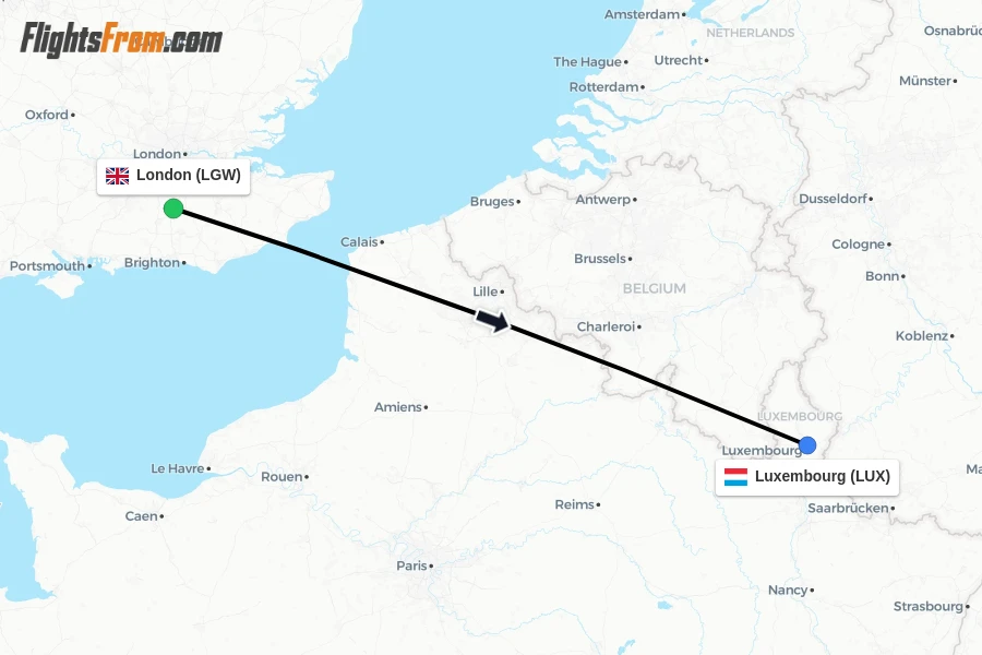 Flights from London to Luxembourg route map