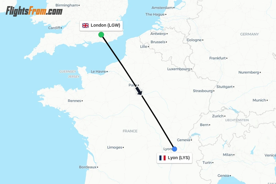 Flights from London to Lyon route map