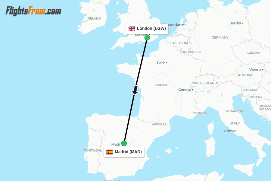 Flights from London to Madrid route map