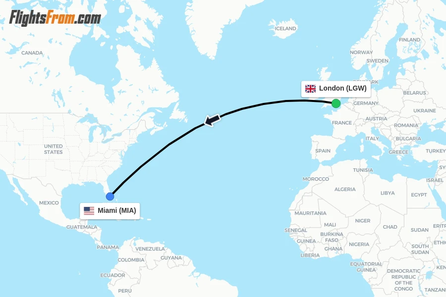 Flights from London to Miami route map