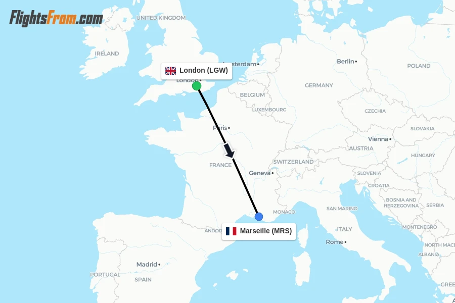 Flights from London to Marseille route map