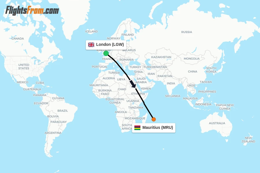 Flights from London to Mauritius route map