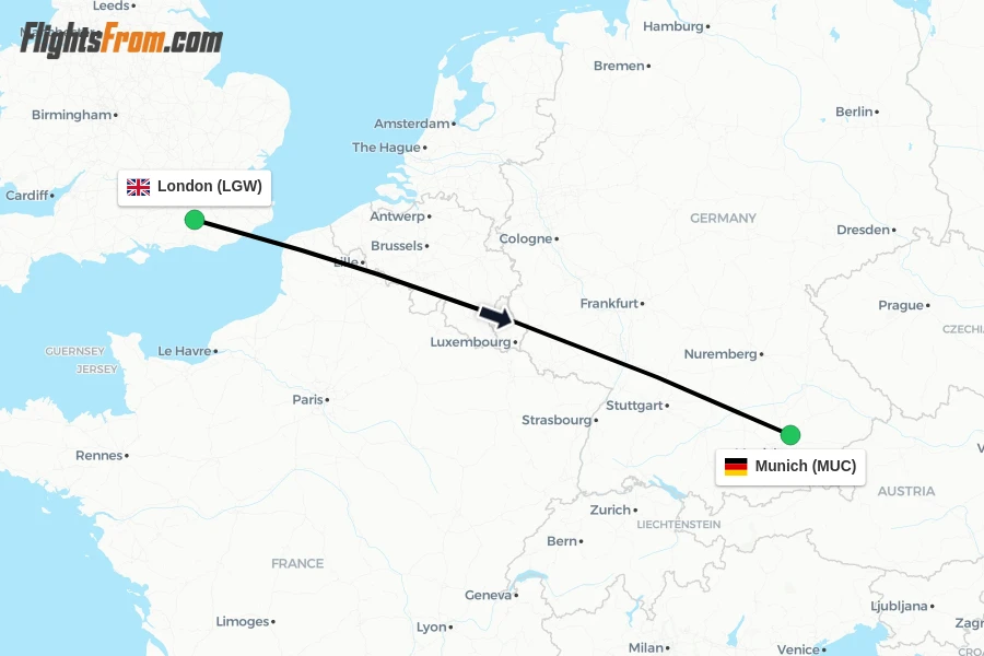 Flights from London to Munich route map