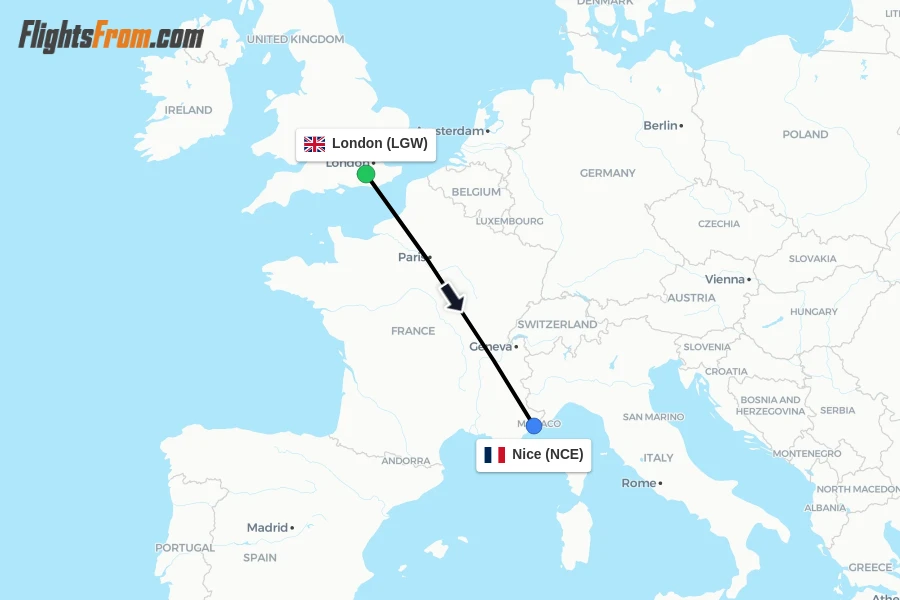Flights from London to Nice route map