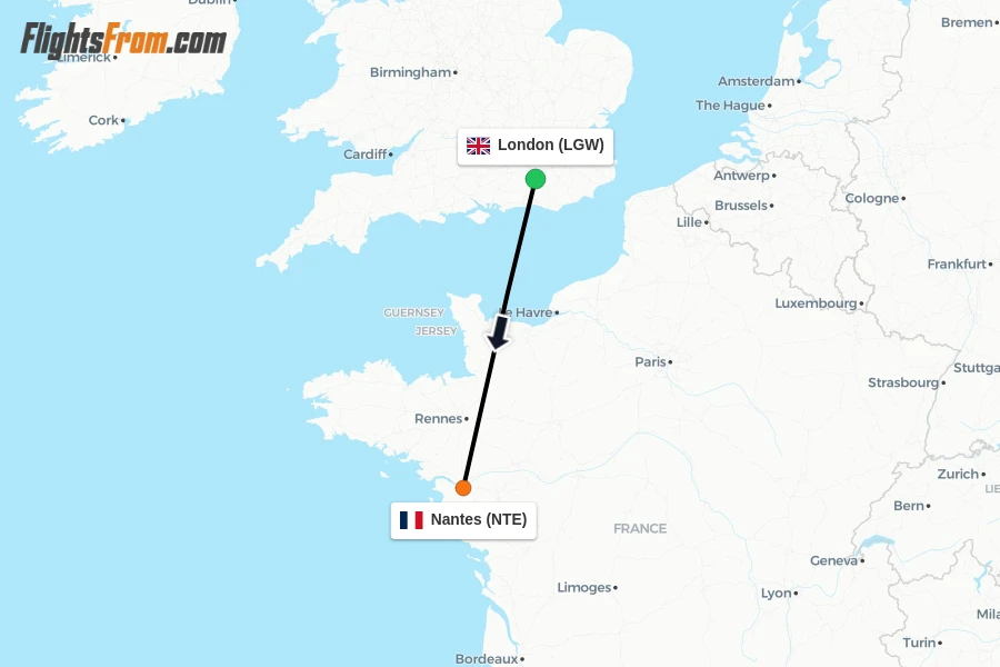 Flights from London to Nantes route map