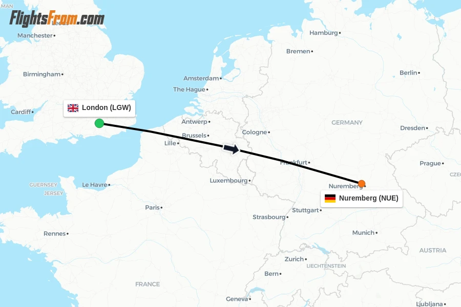 Flights from London to Nuremberg route map