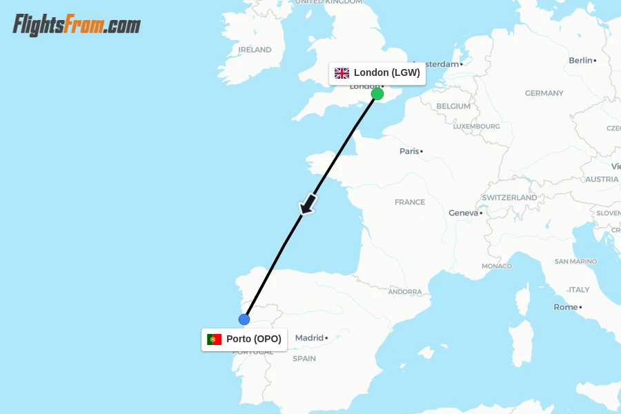 Flights from London to Porto route map