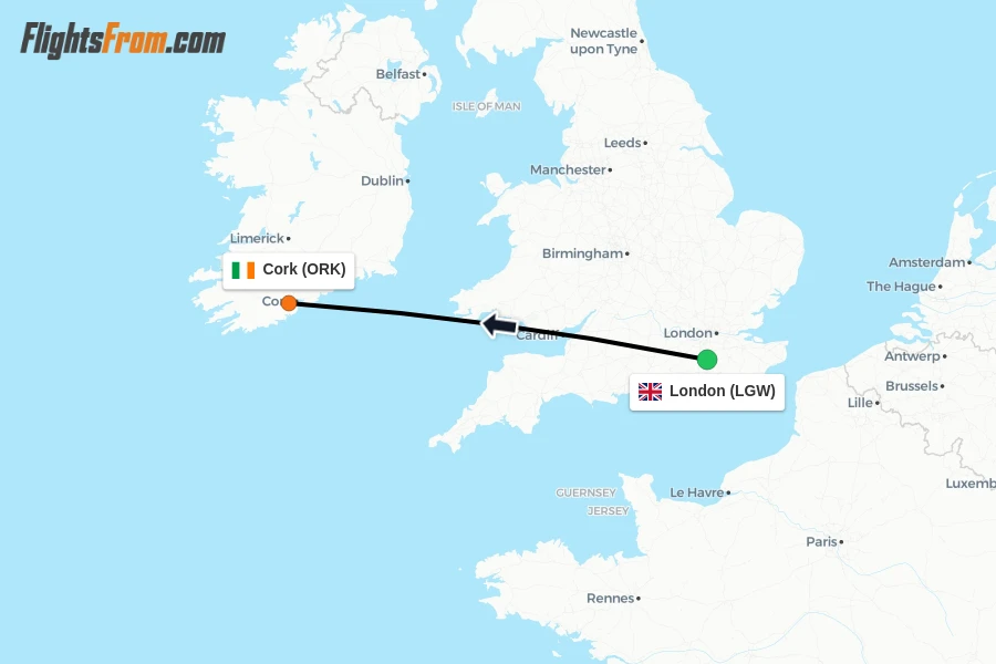 Flights from London to Cork route map