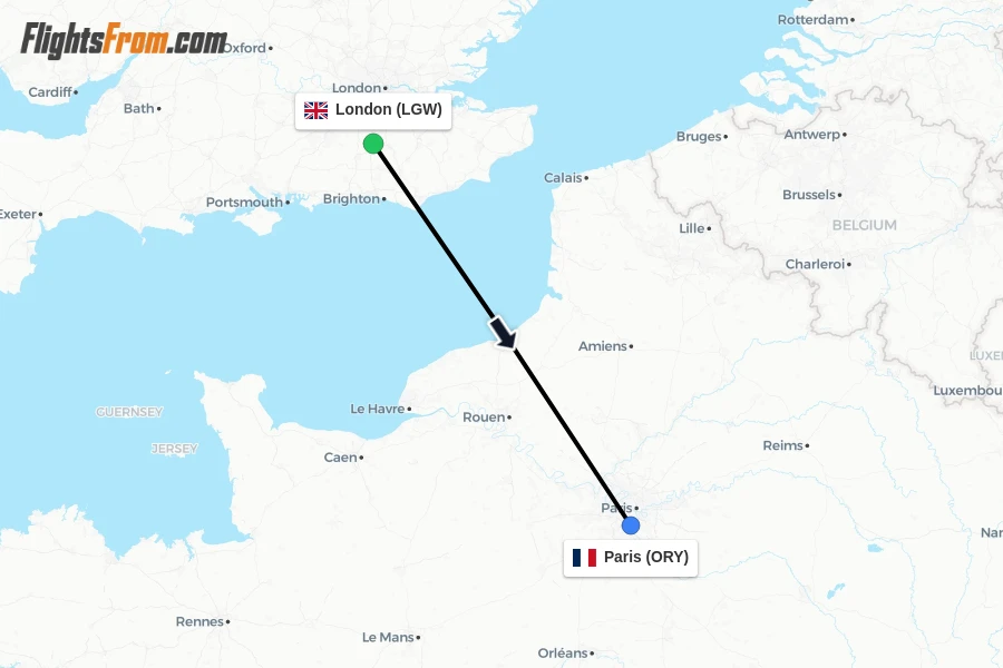 Flights from London to Paris route map