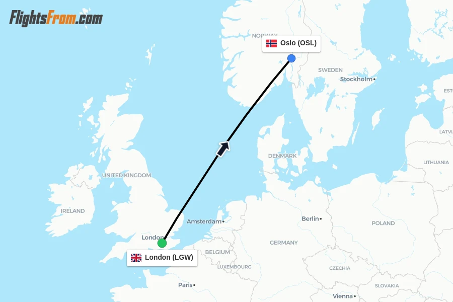 Flights from London to Oslo route map