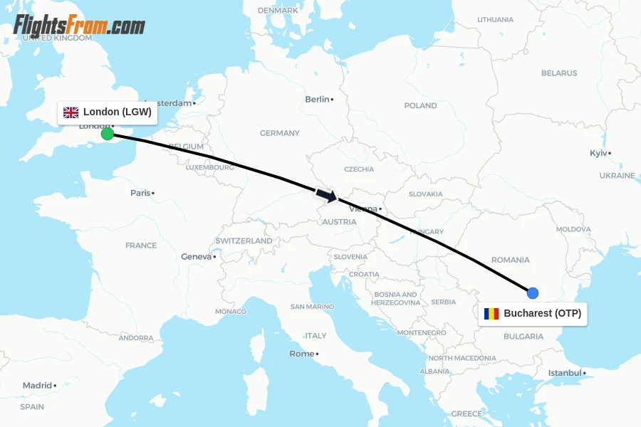 Flights from London to Bucharest route map