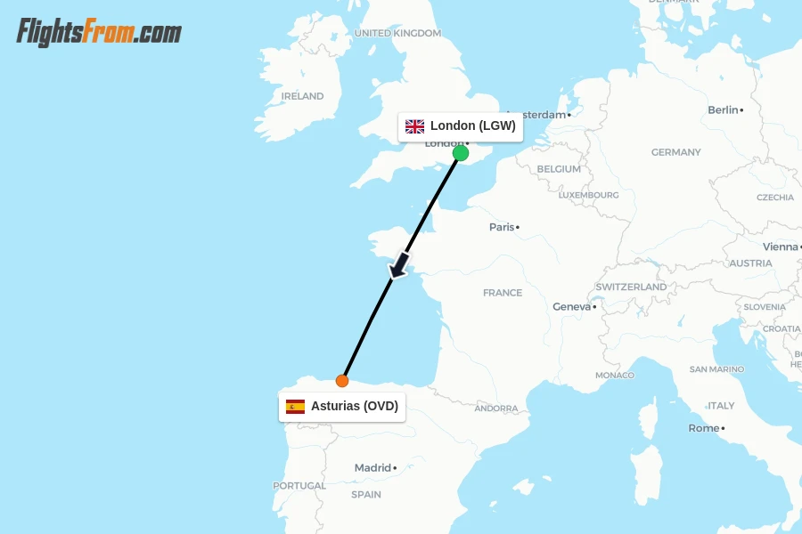 Flights from London to Asturias route map