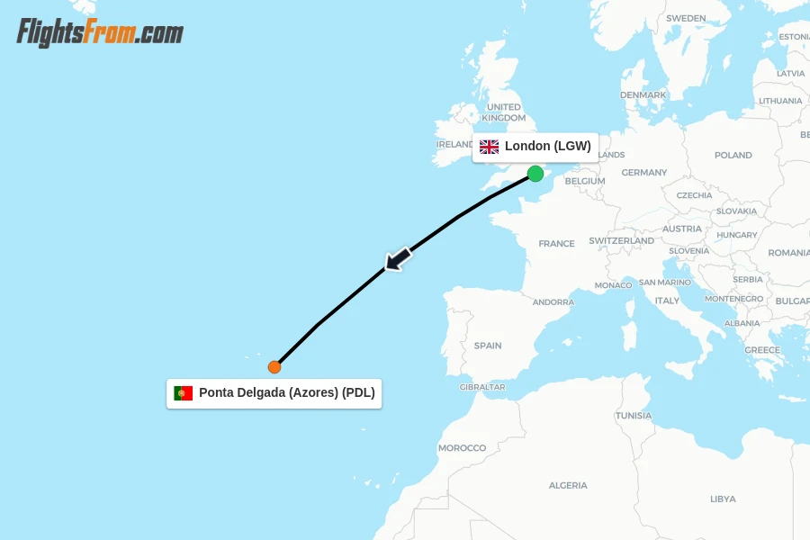 Flights from London to Ponta Delgada (Azores) route map