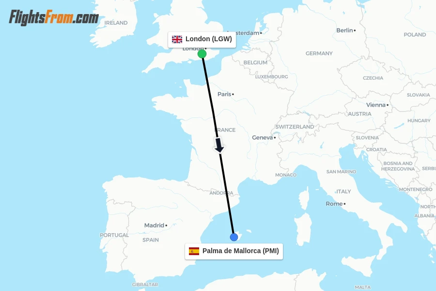 Flights from London to Palma de Mallorca route map