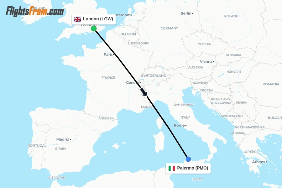 Flights from London to Palermo route map