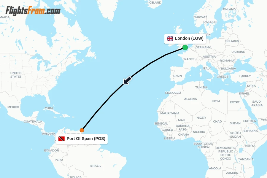 Flights from London to Port Of Spain route map