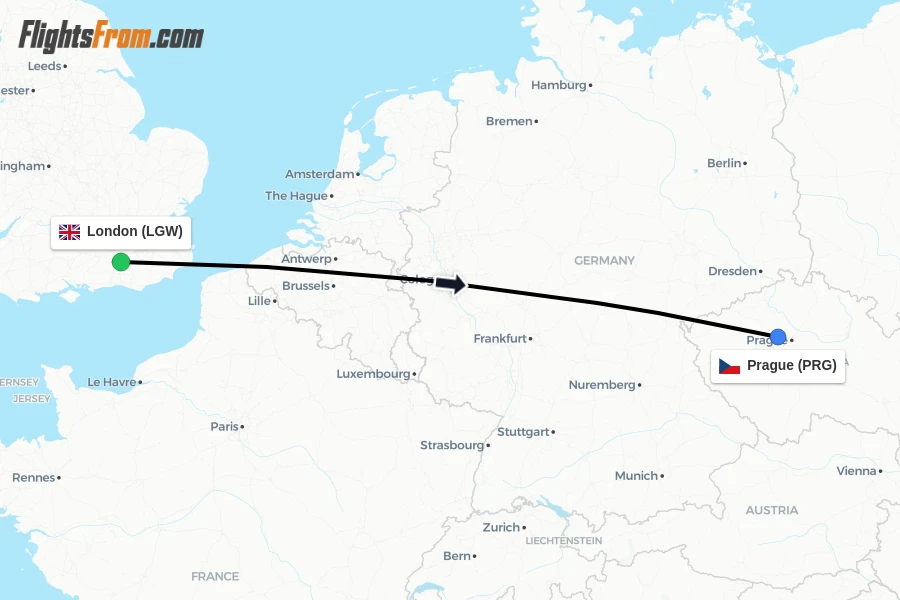 Flights from London to Prague route map
