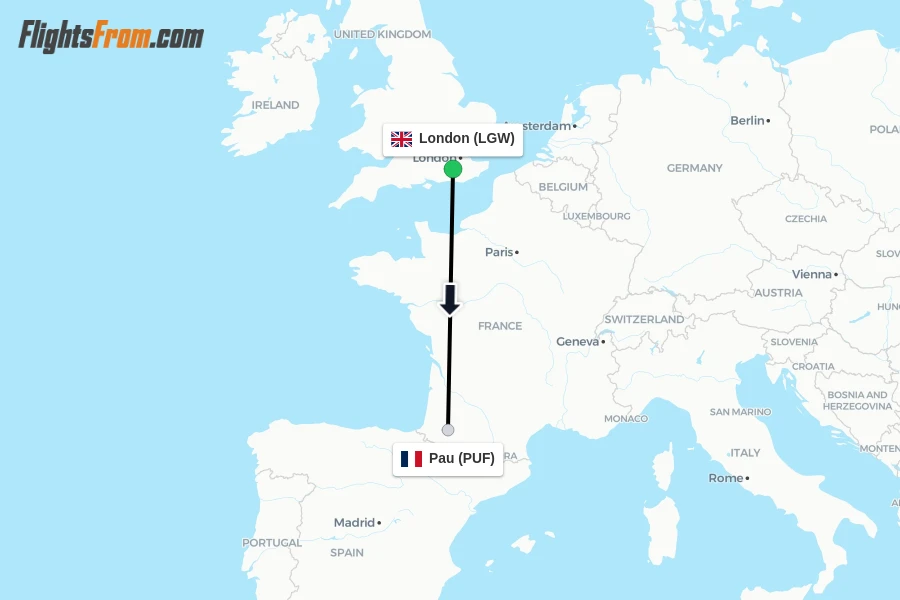 Flights from London to Pau route map
