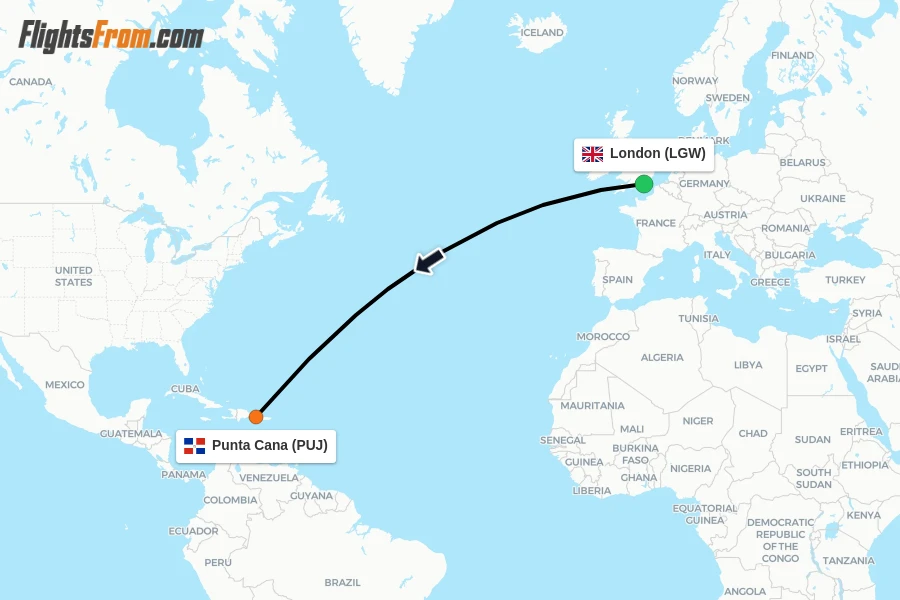 Flights from London to Punta Cana route map