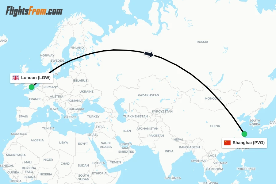 Flights from London to Shanghai route map