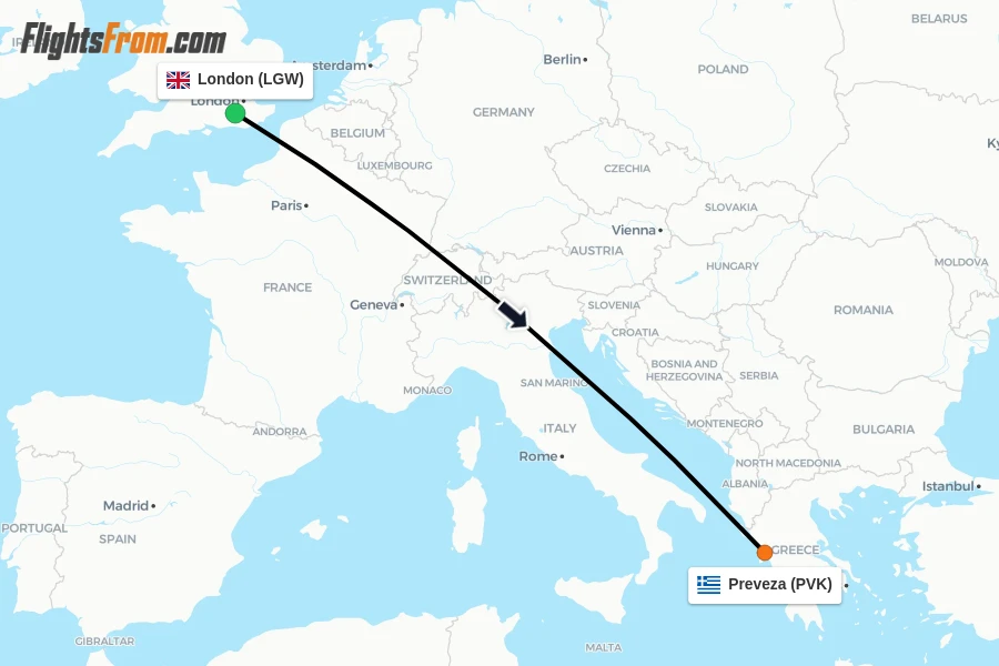 Flights from London to Preveza route map