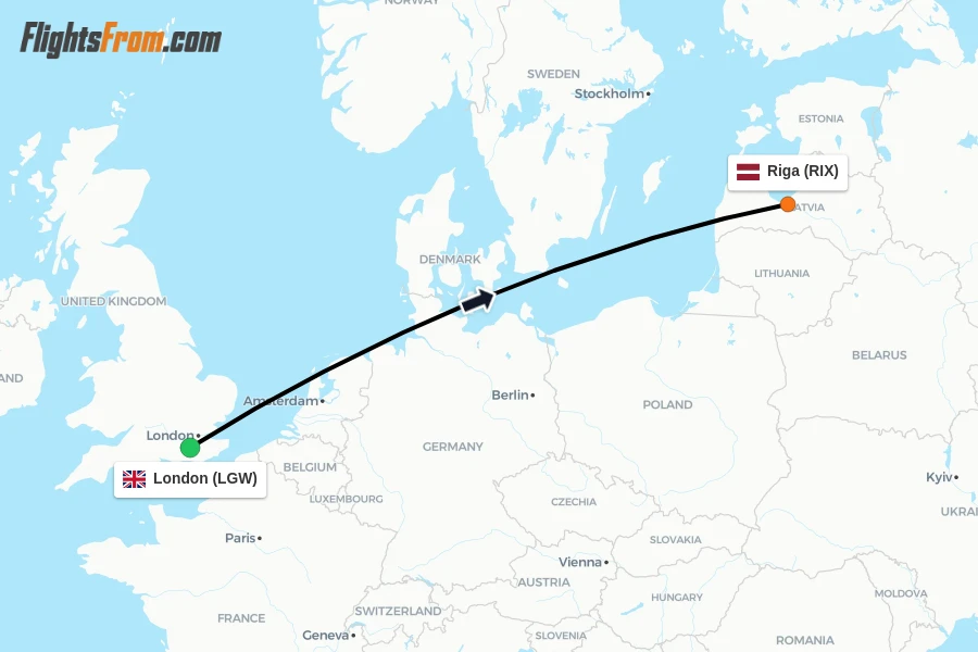Flights from London to Riga route map