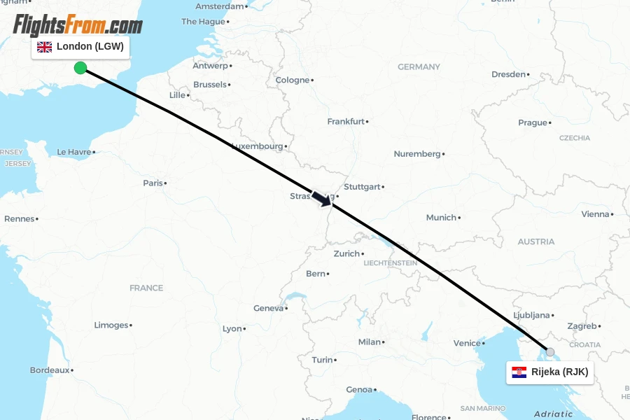 Flights from London to Rijeka route map