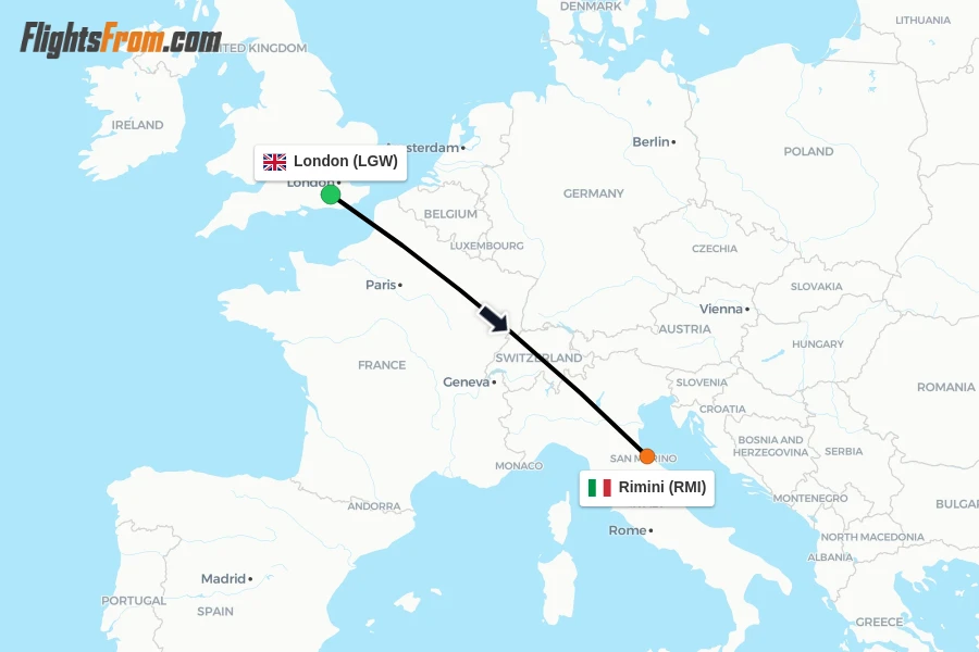 Flights from London to Rimini route map