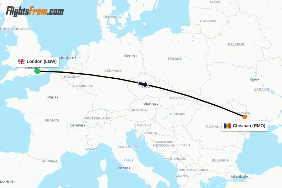 Flights from London to Chisinau route map