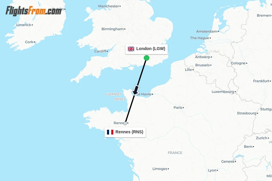 Flights from London to Rennes route map