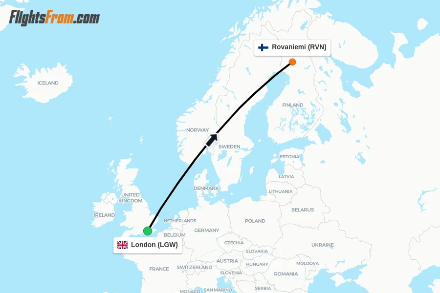 Flights from London to Rovaniemi route map