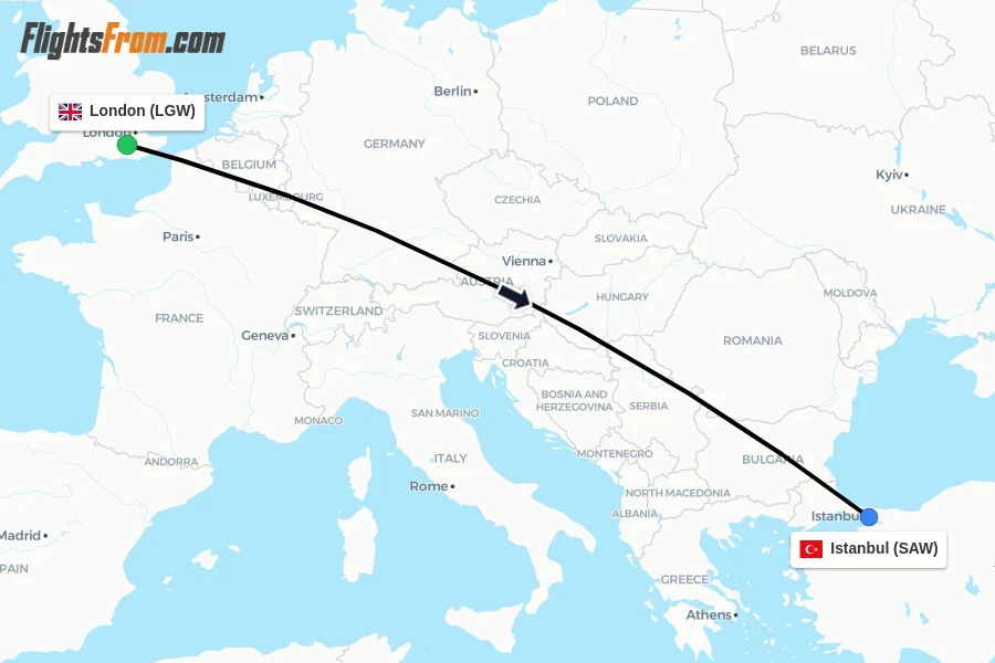 Flights from London to Istanbul route map