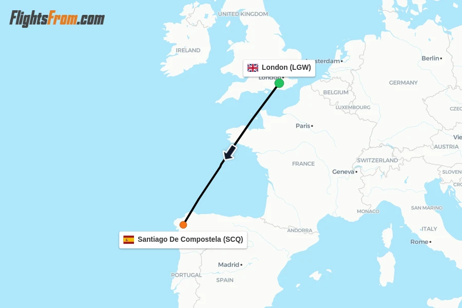Flights from London to Santiago De Compostela route map