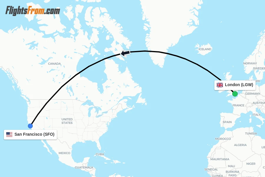 Flights from London to San Francisco route map